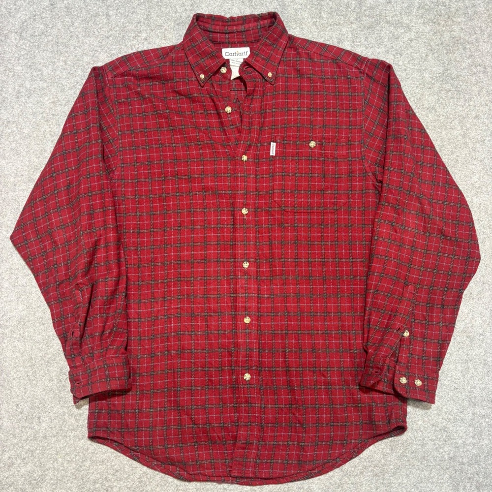 Carhartt Mens Medium Red Plaid Flannel Button Down Shirt Long Sleeve Cotton 0238